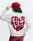 Kadife True Self Love Desenli Gri Melanj Yumuşak Dokulu Regular Fit Bisiklet Yaka Kadın Sweatshirt - 3