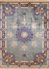 Baskılı Halı Mavi Çiçek Motif Desenli Kaymaz Taban Saçaklı Modern Dekoratif Makinada Yıkanabilir - 5