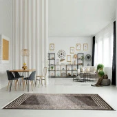 Baskılı Halı Siyah Gri Çizgiler Desenli Kaymaz Taban Saçaklı Modern Dekoratif Makinada Yıkanabilir - 1