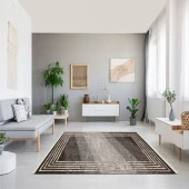 Baskılı Halı Siyah Gri Çizgiler Desenli Kaymaz Taban Saçaklı Modern Dekoratif Makinada Yıkanabilir - 3