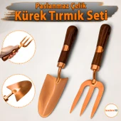 Paslanmaz 2’li Bahçe Hobi Seti Kürek Dirgen Tırmık Ergonomik Ahşap Sap Tarla Balkon Sebze Çiçek Alet - 1