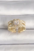 Pirinç Gold Renk Ayarlanabilir Baget Zirkon Taş Model Kadın Yüzük - TJ-BYK3589 - 1