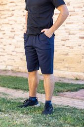 Erkek Lacivert Ekose Kare Desen Nakış Baskılı İpli Lastikli Şort 21ESRTEKKO - 1