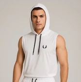 Erkek Lette Kapüşonlu Armalı Esnek Kolsuz Beyaz T-Shirt - 1