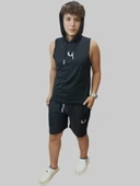 Erkek Lette Kapüşonlu Armalı Esnek Kolsuz Siyah T-Shirt - 6