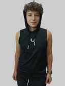 Erkek Lette Kapüşonlu Armalı Esnek Kolsuz Siyah T-Shirt - 7