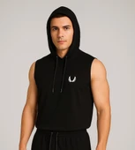 Erkek Lette Kapüşonlu Armalı Esnek Kolsuz Siyah T-Shirt - 1