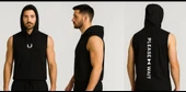 Erkek Lette Kapüşonlu Armalı Esnek Kolsuz Siyah T-Shirt - 2