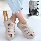 Toten Bej Cilt Kemerli Sandalet - 4