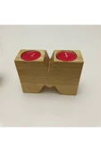 ’’ M ’’ Harfli 2 ’li Ahşap Mumluk + 2 Adet Tealight Mum !!! - 1