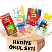 HEDİYELİK İLK OKUL SETİ KURU SULU PASTEL KEÇELİ BOYA KALEM KIRMIZ - 1