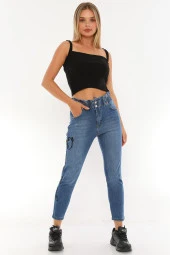 Kadın Mavi Yüksek Bel Likralı Beli Lastikli Yüz Nakış İşlemeli Rahat Kot Pantolon - 2