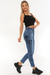 Kadın Mavi Yüksek Bel Likralı Beli Lastikli Yüz Nakış İşlemeli Rahat Kot Pantolon - 3