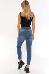 Kadın Mavi Yüksek Bel Likralı Beli Lastikli Yüz Nakış İşlemeli Rahat Kot Pantolon - 8