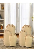 Balkan Room Bej Büzgülü Hurç 6'lı Set - 2XXL, 2XL, 2L - Taşınma Çantası - Yorgan Yastık Çamaşır Saklama Torbası - 1