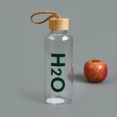 Kılıflı Bambu Kapaklı H2O Cam Matara - Şeffaf / Açık Kahverengi - 800 ml - 2
