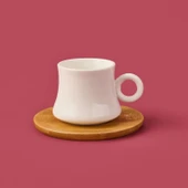 Bambu Tabaklı Dar Fincan Seti - Açık Kahverengi / Beyaz - 100 ml - 1