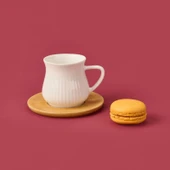 Bambu Tabaklı Çizgili Fincan Seti - Açık Kahverengi / Beyaz - 100 ml - 2