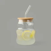 Bambu Kapaklı Pipetli Bardak - Açık Kahverengi / Şeffaf - 450 ml - 1