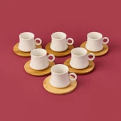 Bambu Tabaklı Dar Fincan Seti - Açık Kahverengi / Beyaz - 100 ml - 3