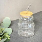 Bambu Kapaklı Pipetli Çizgili Bardak - Açık Kahverengi / Şeffaf - 450 ml - 2