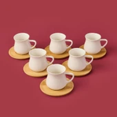 Bambu Tabaklı Çizgili Fincan Seti - Açık Kahverengi / Beyaz - 100 ml - 3