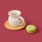 Bambu Tabaklı Geniş Fincan Seti - Açık Kahverengi / Beyaz - 100 ml - 2