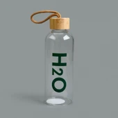 Kılıflı Bambu Kapaklı H2O Cam Matara - Şeffaf / Açık Kahverengi - 800 ml - 1