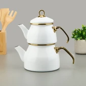 Doroty Emaye Çaydanlık - Beyaz / Altın - 2 lt + 1,2 lt - 1
