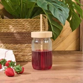Houseware Bambu Kapaklı Pipetli Cam Bardak - Şeffaf - 500 ml - 1
