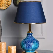 Light Patara Çini Detaylı Seramik Abajur - Mavi Şapka / Gold Ayak - 2