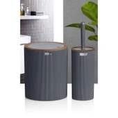 Home Ahşap Desenli Çizgili Yuvarlak 2'li Banyo Aksesuar Seti - Antrasit - 1