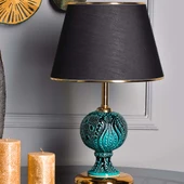 Light Sardes Çini Detaylı Seramik Abajur - Siyah Şapka / Gold Ayak - 1