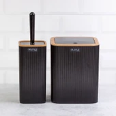 Home Çizgili 2'li Ahşap Desenli Banyo Aksesuar Seti - Siyah - 1