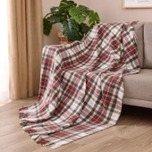 Soft Sim İp Detaylı Skoç Koltuk Şalı - Kırmızı - 130x170 cm - 1