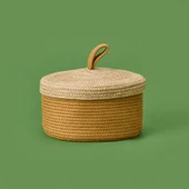 Living Mustard Büyük Kapaklı Örgü Sepet - Hardal / Bej - 21x11 cm - 2