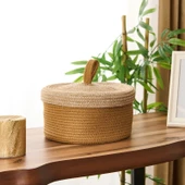 Living Mustard Büyük Kapaklı Örgü Sepet - Hardal / Bej - 21x11 cm - 1