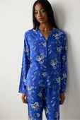 Penti Çiçek Baskılı Saks Mavisi Gömlek Pantolon Pijama Takımı - 2