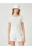 Koton Crop Tişört Kısa Kollu Yuvarlak Yaka Minimal Baskılı - 3