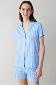 Penti Blue Stripes Düğmeli Gömlek Şort Pijama Takımı - 1