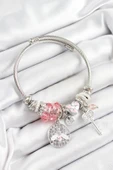316L Çelik Pembe Zirkon Taşlı Baykuş Arı Ve Anahtar Model Gümüş Renk Charm Bileklik - 1