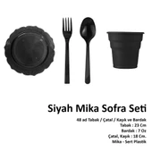 Omeyva 23 cm. Mika Siyah Şık Parti Piknik Seti - 48 Kişilik Tabak Bardak Çatal Kaşık Takımı - 2