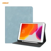 iPad 10.2 2019 2020 2021 Uyumlu ENKAY ENK 8023 İnek Dokulu PU Deri TPU Akıllı Kılıf Kalem Bölmeli Gökyüzü Mavisi - 1