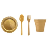Omeyva Dayanıklı Mika Plastik Altın Sorfa Piknik Seti - 72 Kişilik Tabak Bardak Çatal Kaşık Takımı - 1