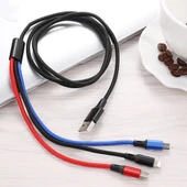 3 in 1 USB Çoklu Şarj Kablosu 8 Pin Type C Micro USB Renkli Örgülü 1.2 Metre - 2