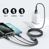 Remax RC 070TH 1.2 Metre 2 Amper 3 in 1 USB 8 Pin USB C Micro USB Şarj Kablosu Gri - 4