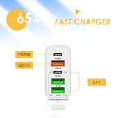 65W Cift PD Type-C ve 3 USB Portlu Hızli Sarj Cihazi 3A USB Type-C Veri Kablosu Beyaz EU Priz - 4