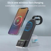 H36 6 in 1 15W Manyetik Kablosuz Şarj Cihazı Dijital Alarm Saatli iPhone AirPods iWatch Uyumlu - 2