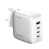 LDNIO Q408 100W GaN USB ve 3 USB-C Tipi Şarj Cihazı 1m 100W USB-C Veri Kablosu Beyaz UK Priz - 1
