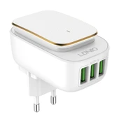 LDNIO A3305 Seyahat Şarj Cihazı 3 USB Portlu 3.4A 8 Pin Veri Kablosu ve Dokunmatik LED Gece Lambası EU Priz - 1